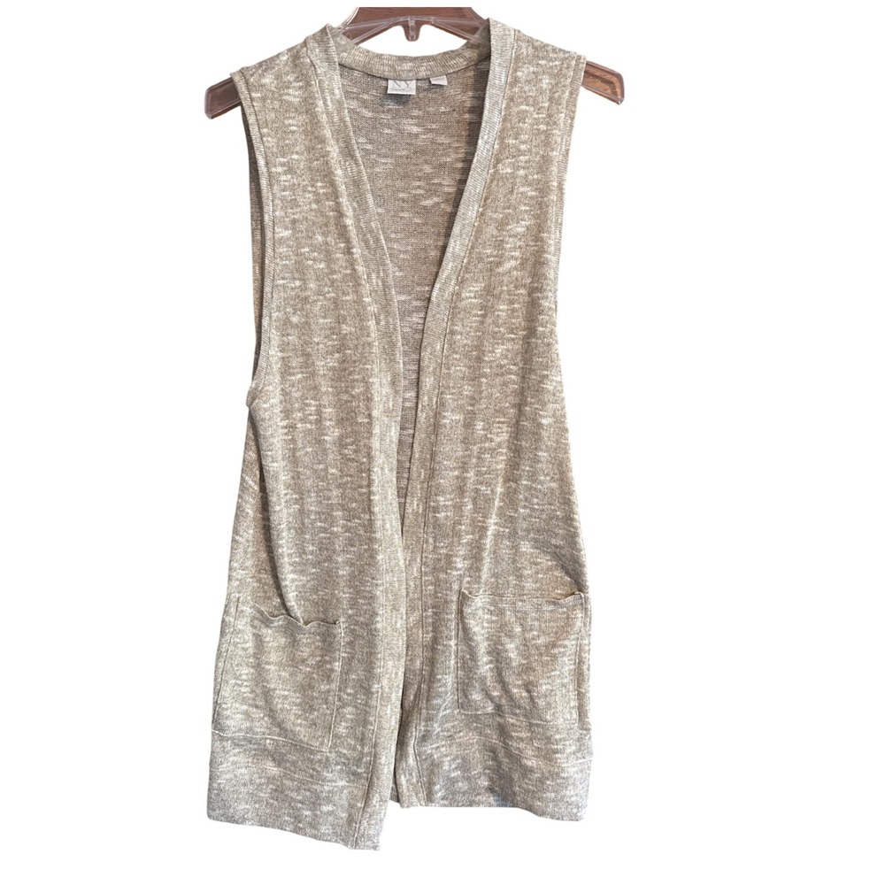 New York Company Women's Knit Long Vest Open Front‎ Pockets Beige Gold L